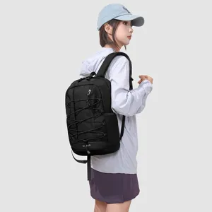 Fashionable black casual backpack with front elastic cords for daily use and school.