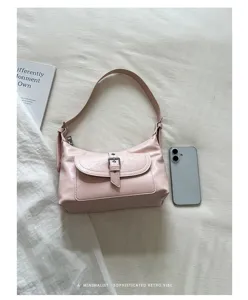 Minimalistische roze schoudertas voor dames, retro hobo tas met voorzak en gesp.