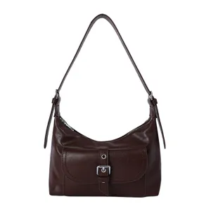 Bruine vintage schoudertas voor dames, stijlvolle hobo crossbodytas met chique gesp aan voorkant.