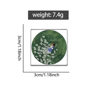 Broche badge en métal carrée avec illustration de fille marguerite, poids 7.4g taille 3cm.