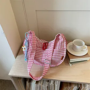 Borsa a tracolla in tela a quadri rossi e bianchi borsa hobo casual stile da viaggio