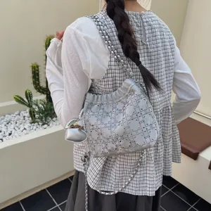 Silver chain bucket bag for women, stylish rhinestone grid shoulder bag chic crossbody purse.
