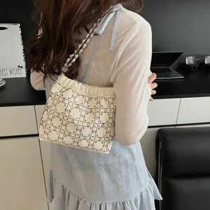 Elegant beaded shoulder bag with chain strap and chic grid pattern for women daily use