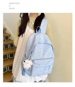 Joli sac à dos motif étoiles pour filles bleu clair avec mignon pendentif chiot peluche