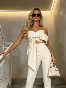 Haut Court Nœud et Pantalon Taille Haute Haut et Bas Décontracté pour Femmes Vacances d'Été Sans Manches Couleur Unie