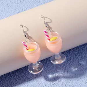 Cute juice cup pendant earrings with pink liquid, straw, and lemon slice for summer style.