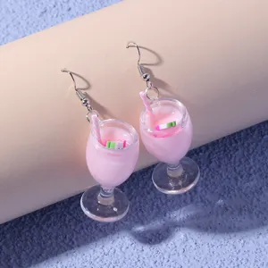 Cute pink juice cup pendant earrings, fashionable beach style resin drop earrings for women.
