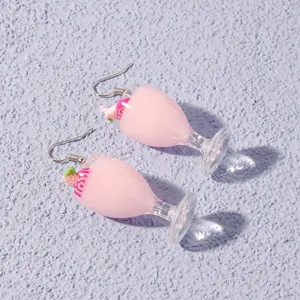 Cute pink juice cup pendant earrings, sweet resin beach style drop earrings for women daily wear.