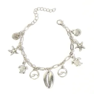 Silbernes Ozean Charms Fusskettchen mit Muscheln Seestern Schildkroeten Strand Schmuck
