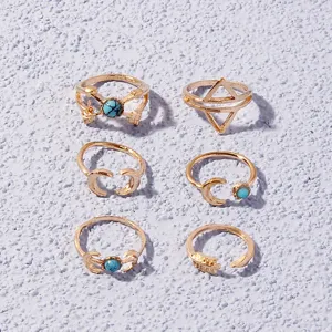 Set of 6 retro metal rings with turquoise and geometric shapes for women fashion daily wear