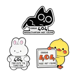 Leuke fout 404 cartoon geëmailleerde speld set met grappige kat konijn eend metalen badges voor kleding.