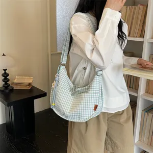 Borsa a tracolla hobo a quadri verde e bianco da donna, elegante borsa giornaliera.