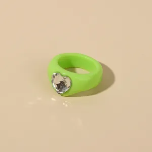Green acrylic heart crystal ring minimalist fashion chunky finger jewelry detail view for women