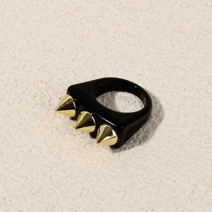 Black acrylic ring with gold spikes punk style women fashion punk finger jewelry accessory
