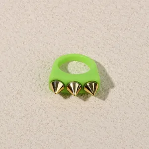 Green acrylic ring with gold metallic spikes punk style fashion women statement jewelry