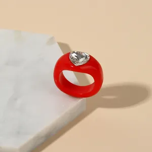 Chic red acrylic chunky ring with sparkling heart crystal for women fashion daily wear.