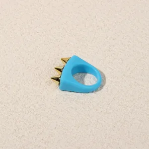 Blue acrylic resin ring with gold metal spikes punk style minimalist statement jewelry for women