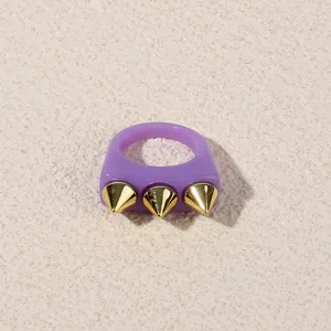 Purple acrylic ring with three gold spike studs, punk style fashion statement ring for women.