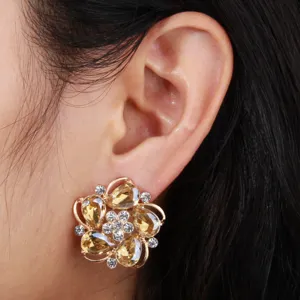Chic fashion flower crystal stud earrings for women, exquisite gold tone jewelry detail view
