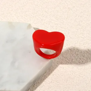 Chunky red heart acrylic resin ring, trendy minimalist statement jewelry for women daily wear.