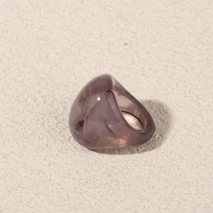 Minimalist translucent acrylic geometric ring in smoke grey, stylish chunky resin finger jewelry.