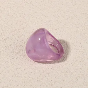 Light purple acrylic geometric ring detail, minimalist stylish resin finger jewelry for women.