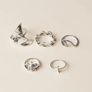 Set από 5 vintage ασημένια δαχτυλίδια θέμα ωκεανό σχέδιο κύματος χελώνας για γυναίκες