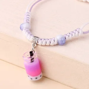 Braccialetto intrecciato viola con grazioso ciondolo tazza bubble tea e perle