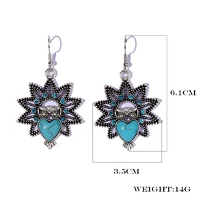 Vintage retro geometric blue stone dangle earrings for women, unique alloy petal design.