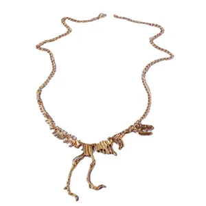 Gold dinosaur skeleton necklace for women, stylish animal T-Rex pendant clavicle chain.
