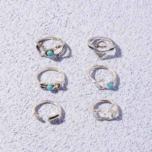 Vintage silver-colored arrow moon ring set 6pcs geometric turquoise finger jewelry detail view