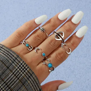 Vintage Alloy Geometric Finger Rings For Women Bohemian Arrow Moon Rhinestone Joint Ring Open Adjustable Finger Jewelry Gift