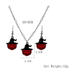 Halloween Witch Hat Pumpkin Necklace Earrings Set Cute Festive Holiday Jewelry Gift
