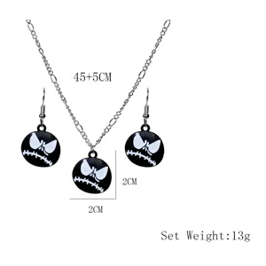 Halloween ghost face necklace earrings set, black white alloy jewelry, stylish festival gift.