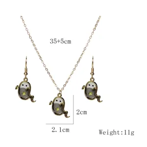 Halloween cute ghost necklace earrings set gold alloy jewelry detail specs 35+5cm 11g