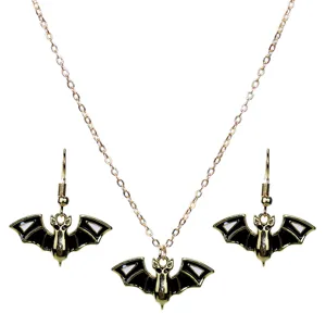 Punk Gothic Bat Pendant Necklace And Enamel Drip Oil Bat Earrings For Women Halloween Party Jewelry Accessories