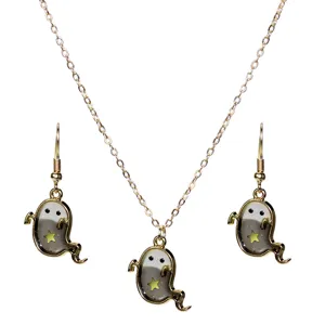 Halloween Ghost Jewelry Set Gold Plated Alloy Enamel Cute Ghost Pendant Necklace And Dangle Earrings Set For Women Party Jewelry