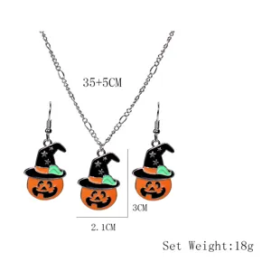 Halloween pumpkin witch hat necklace and earrings set, spooky holiday jewelry details.