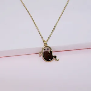 Cute ghost pendant necklace, delicate gold chain, ideal fashion jewelry for Halloween party.