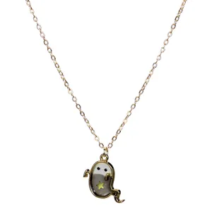 Halloween cute ghost pendant necklace with shimmering star design, trendy fashion jewelry gift.