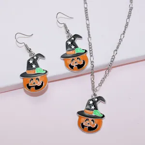 Halloween pumpkin witch hat necklace earrings set, cute holiday jewelry gift for women.