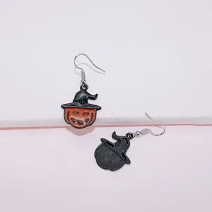 Halloween pumpkin witch hat earrings detail view, cute alloy drop design for festive party style.