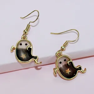 Halloween cute ghost drop earrings with gold hooks and sparkling stars for women festival party.