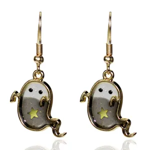 Gold-toned cute ghost drop earrings with sparkling glitter and yellow star for Halloween.