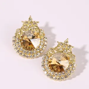 Gold crystal stud earrings for women, vintage rhinestone luxury statement party.