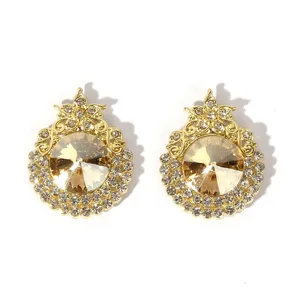 Elegant gold-tone crystal rhinestone stud earrings, vintage luxury design for women.