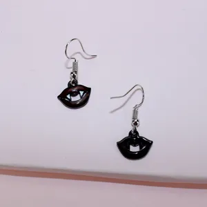 Vampire lips drop earrings, black funny lip pendant with fangs, unique Halloween jewelry.