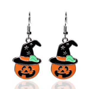 Halloween pumpkin witch hat earrings, cute drop dangles for party holiday jewelry gifts.