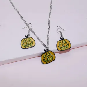 Halloween pumpkin pendant necklace and earrings jewelry set for women fashion style.