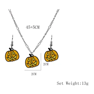 Halloween pumpkin pendant necklace and earrings jewelry set with detailed size specs.
